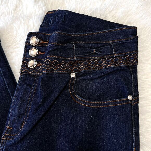 MINERVA CLOTHING Women's Jeans Sz 9 Navy 3 Pockets Stretch Embroidery Rhinestone - Picture 9 of 13